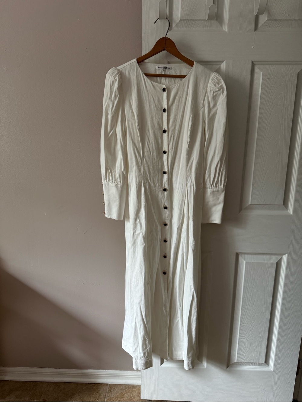 Reformation White Halia Midi Dress Velvet Button Front 3/4 Sleeve Women’s 10